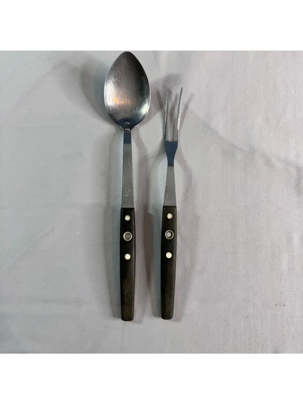 Vintage Flint Japan Stainless Steel Serving Spoon Fork Set Wood Handle MCM